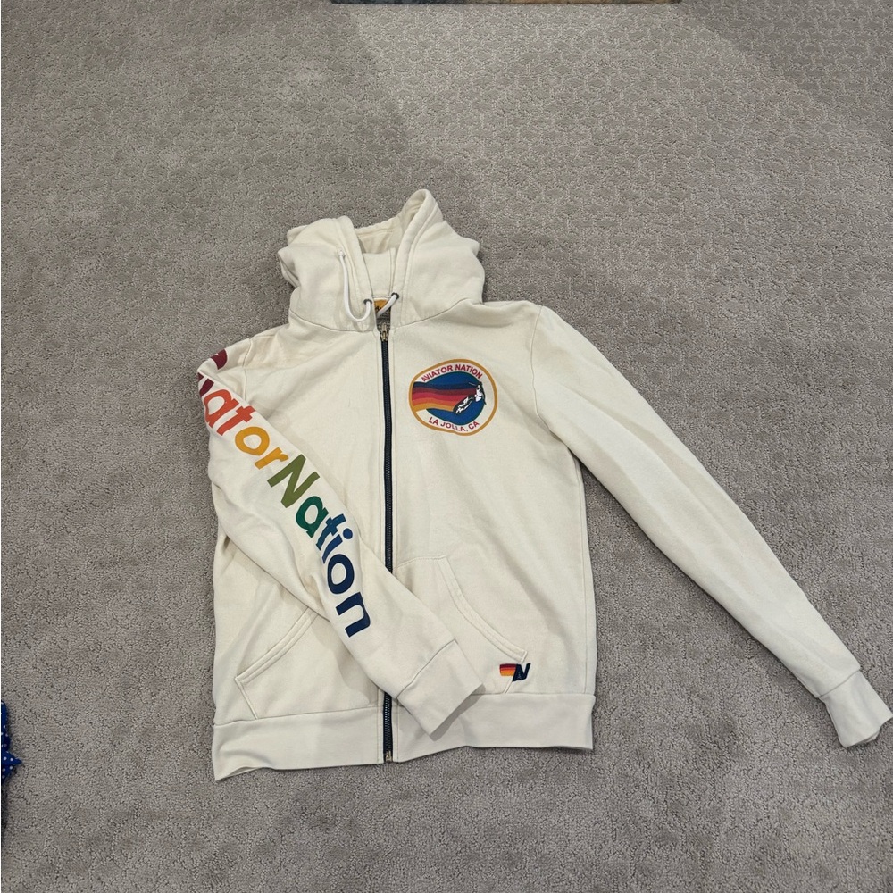 Aviator Nation Cream Zip Hoodie with Rainbow Sleeve Logo